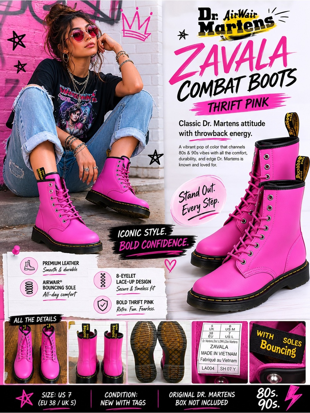 DR. MARTENS ZAVALA THRIFT PINK COMBAT BOOTS US 7 NEW WITH TAGS!